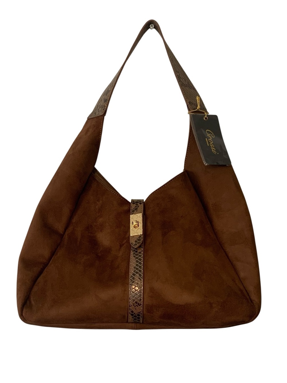 NEW Crossi New York Brown Faux Suede Hobo Bag w/ Turn Lock & Snake Print Handle